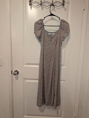 Idyllwind Light Blue and Brown Floral Puff-Sleeve Maxi Dress